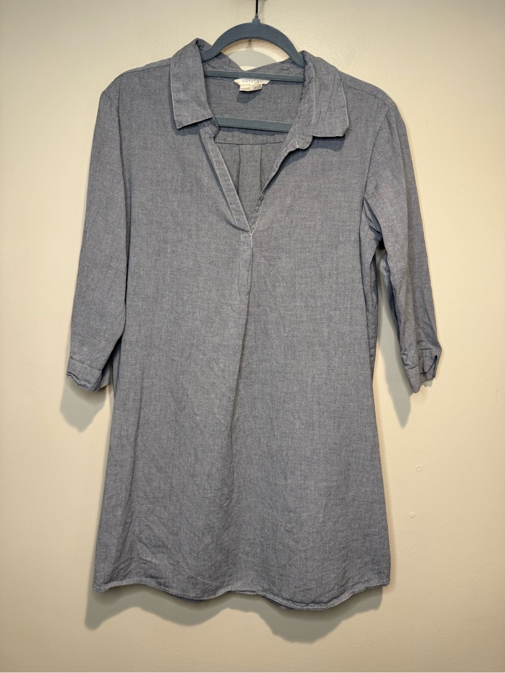 Coyuchi Womens Organic Cotton Mini Shirt Dress tunic Gray 3/4 Sleeve